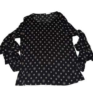 Oddi Bridgerton-core Whimsigoth Ruffle Bell SleevesTop Black Tan Round Neck Sz M